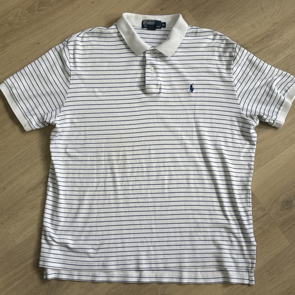Polo Ralph Lauren Men's XXL‎ Classic Fit Short Sleeve White Blue Striped Pony - Picture 1 of 6